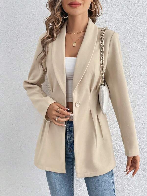 Floravie® - Apricot Plain long sleeve lapel jacket