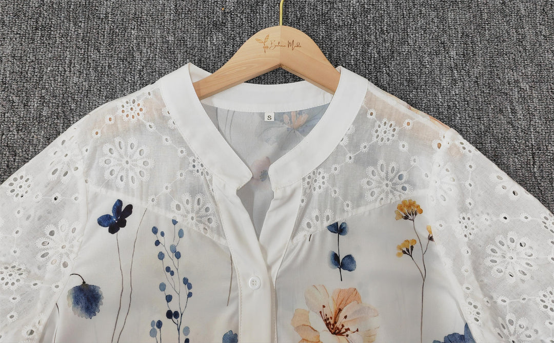 Floravie® - Short-sleeved top with eyelet lace and garden floral print
