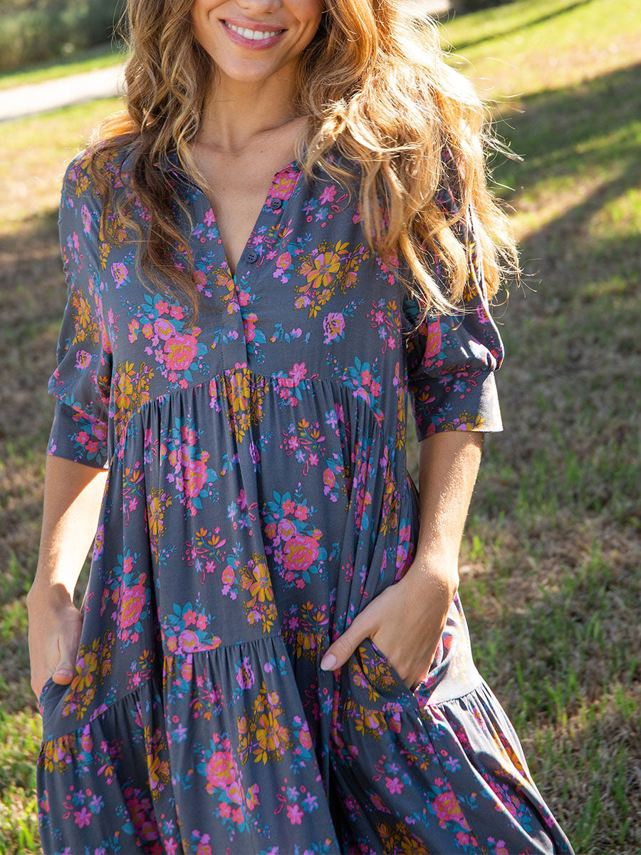 High-waisted Buttoned V-Neck Floral Midi Dress