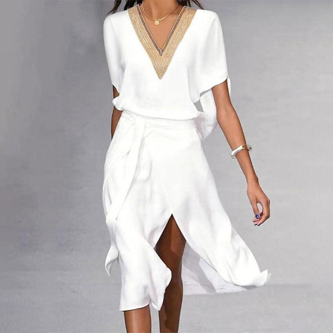 Floravie® - Modern white midi dress with V-neckline