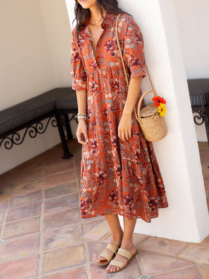High-waisted Buttoned V-Neck Floral Midi Dress