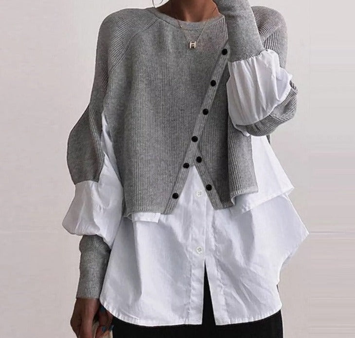 Floravie® - Gray knitted blouse White Twofer sweater