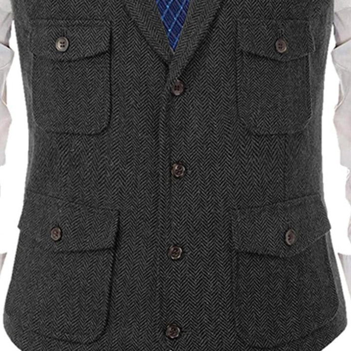 Men's Vintage Herringbone Lapel Single-Breasted Multi-pocket Suit Vest 91403205M