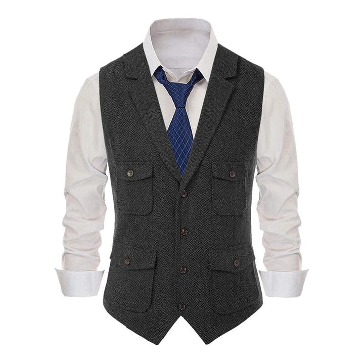 Men's Vintage Herringbone Lapel Single-Breasted Multi-pocket Suit Vest 91403205M