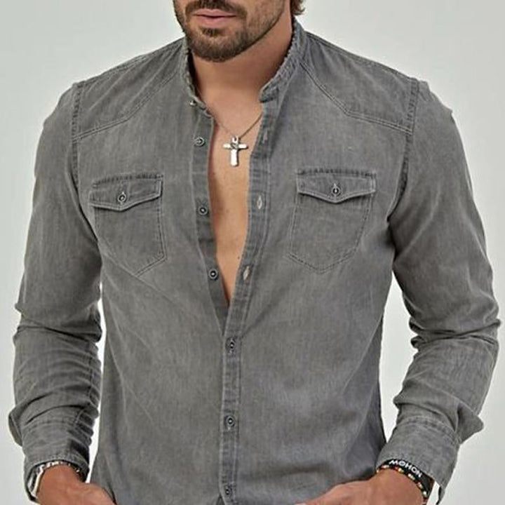 Men's Vintage Solid Color Stand Collar Double Chest Pocket Denim Shirt 78795250Y