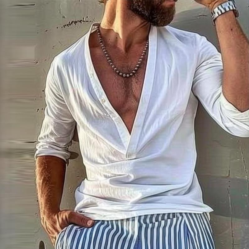 Men's Casual Cotton Solid Color Deep V-Neck Long-Sleeved Shirt 35495528M