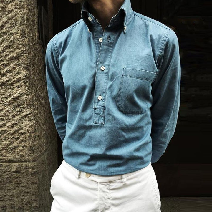 Men's Vintage Lapel Patch Pocket Button Pullover Long Sleeve Denim Shirt 72817640M