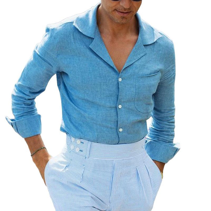 Men's Vintage Lapel Patch Pocket Linen Long Sleeve Shirt 09617322M