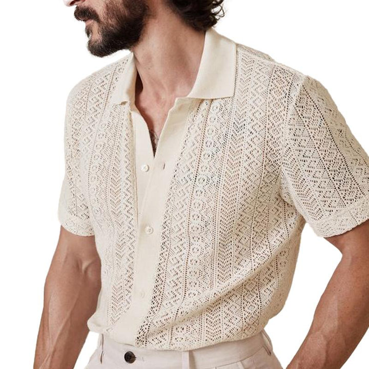 Men's Vintage Knitted Hollow Short-Sleeved Polo Shirt 10502781Y