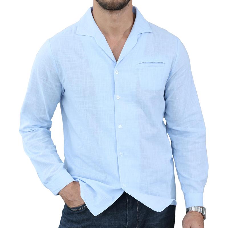 Men's Casual Solid Color Cotton And Linen Lapel Long-Sleeved Shirt 31987762Y