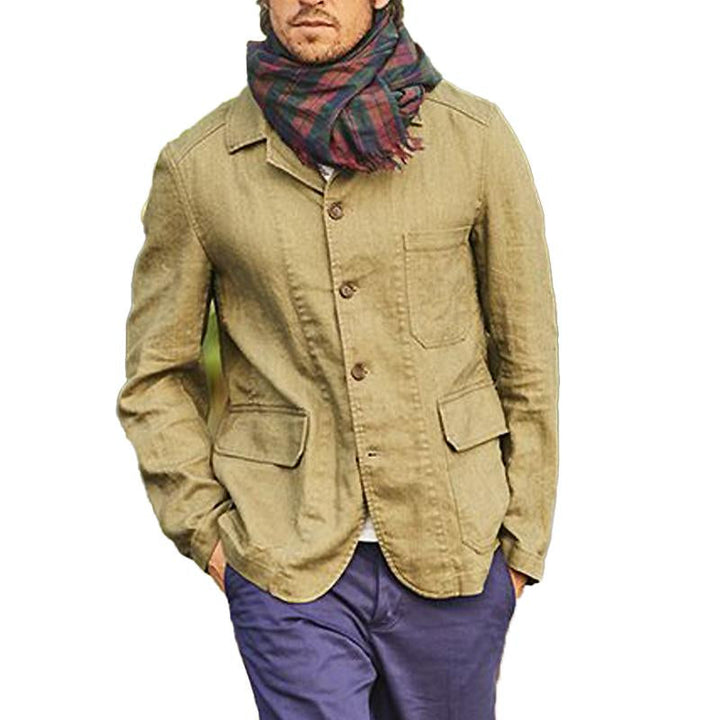 Men's Casual Cotton And Linen Lapel Single-Breasted Multi-Pocket Blazer 13140625Y