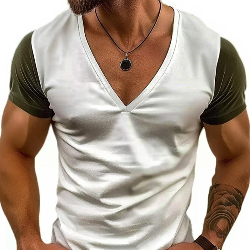 Men's Casual V-Neck Contrast Patchwork Short-Sleeved T-Shirt 44124881M