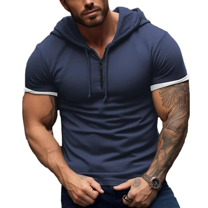 Men's Casual Color Blocking Hooded Short Sleeved T-Shirt 35054389Y