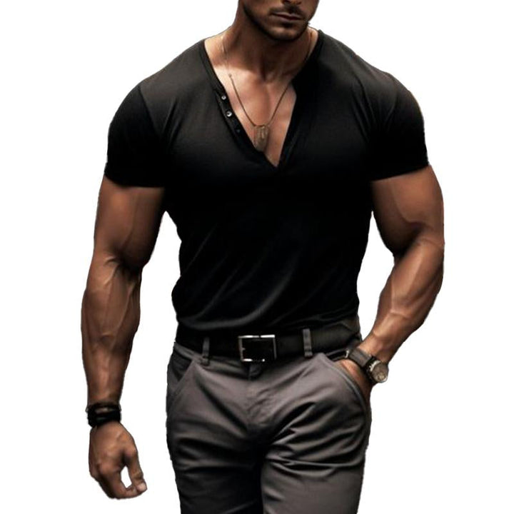 Men's Casual Solid Button Henry V-Neck Short Sleeved T-Shirt 69466741Y