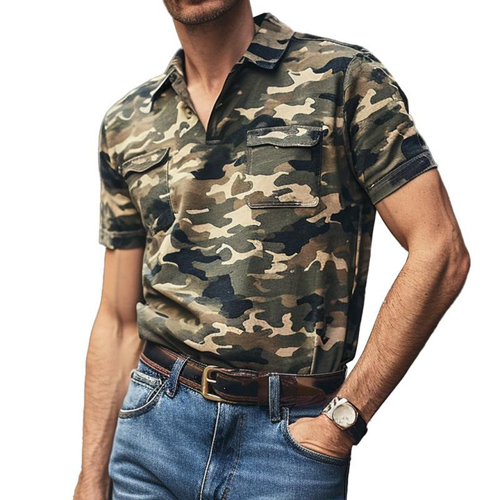 Men's Casual Camo Lapel Flap Pocket Short Sleeve Polo Shirt 10911138M