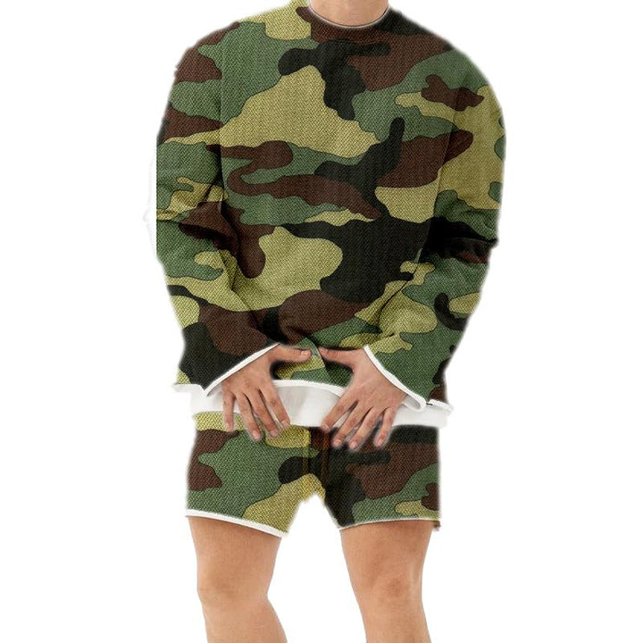Men's Casual Camouflage Printed Long Sleeve Sweatshirt Shorts Set 48501563Y