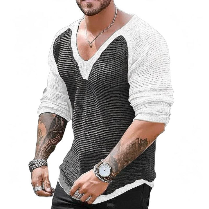 Men's Casual V-Neck Color Block Knitted Pullover Sweater 40119771M