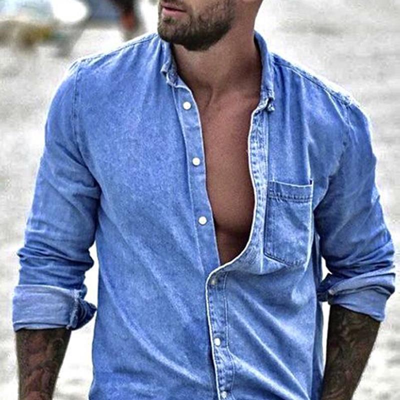 Men's Casual Lapel Chest Pocket Denim Long Sleeve Shirt 04590344Y