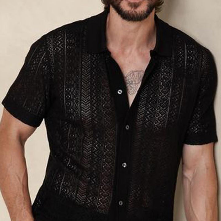 Men's Vintage Knitted Hollow Short-Sleeved Polo Shirt 10502781Y