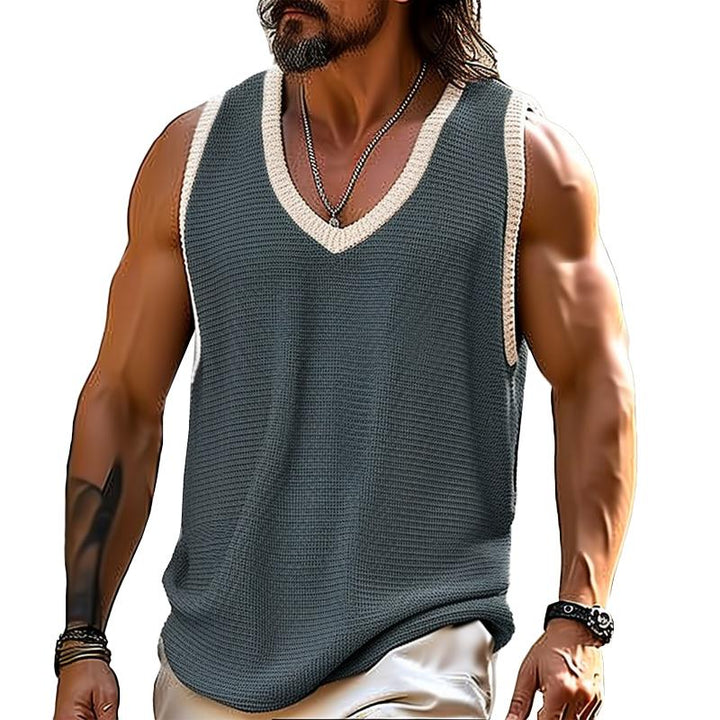 Men's Casual V-Neck Color Block Loose Knitted Tank Top 53223334M