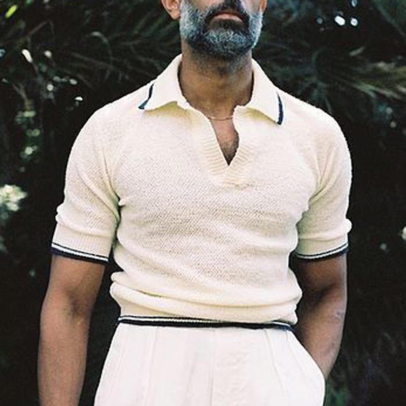 Men's Vintage Solid Color V-Neck Short-Sleeved Polo Shirt 01865154Y