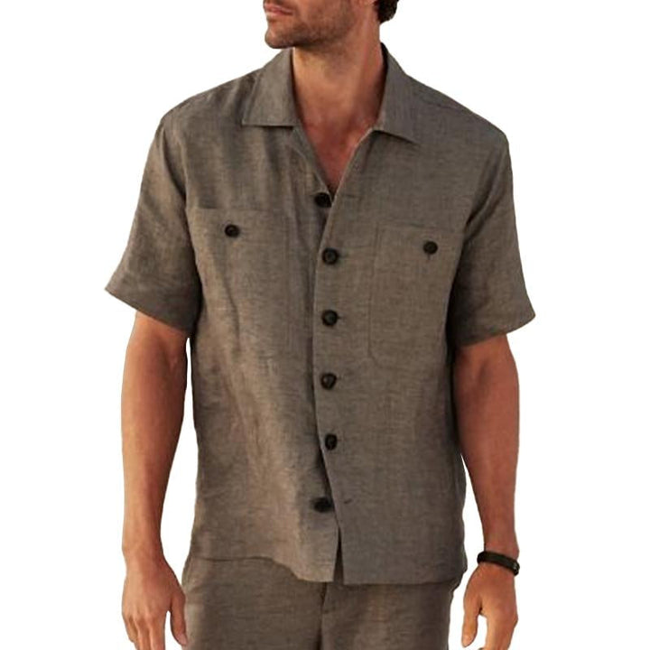 Men's Casual Linen Lapel Single Breasted Patch Pocket Short Sleeve Shirt 92377150M