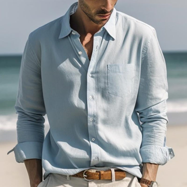 Men's Casual Cotton Linen Lapel Collar Long-Sleeved Shirt 05980927M