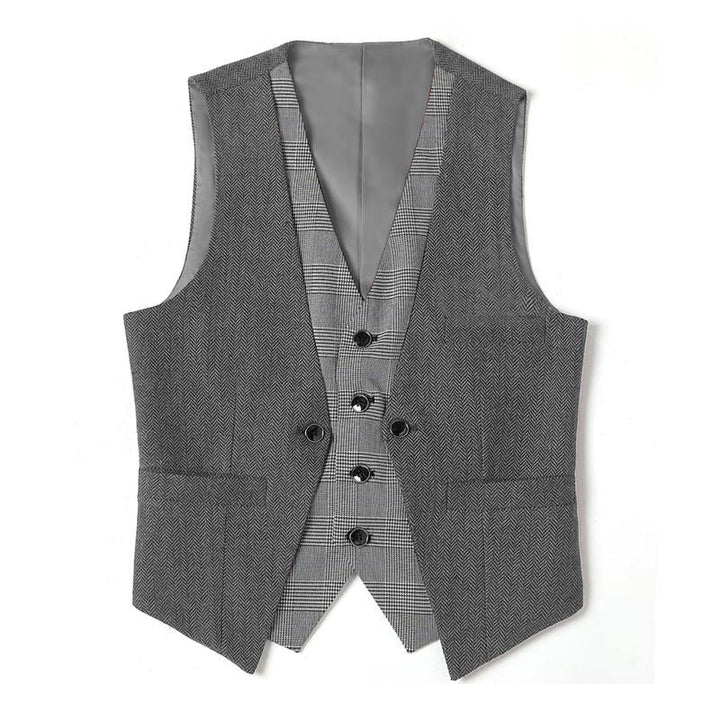 Men's Stylish V-Neck Herringbone Plaid Stitching Single-Breasted Suit Vest 97335027M