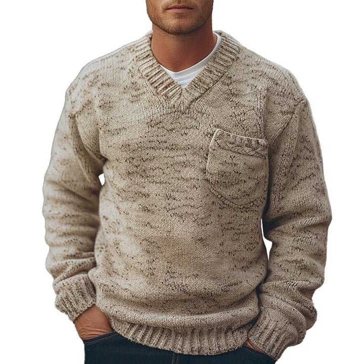 Men's Casual V-Neck Patch Pocket Knitted Pullover Sweater 89847574M
