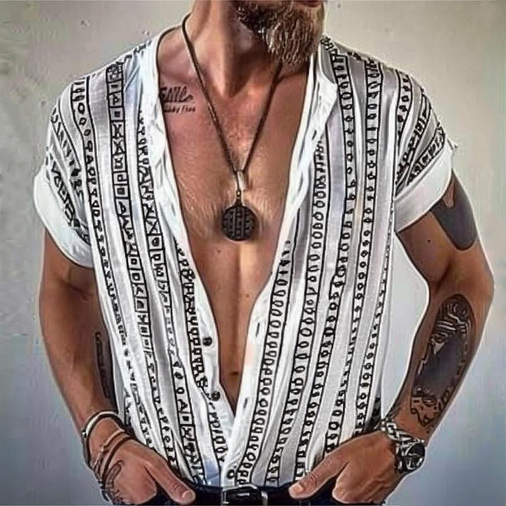 Men's Casual Round Neck Geometric Print Single Breasted Short Sleeve Shirt 67934778M
