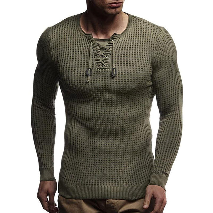 Men's Casual Solid Color Round Neck Strappy Long-Sleeved Sweater 75740779Y