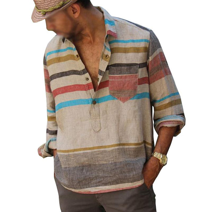 Men's Casual Striped Colorblock Chest Pocket Long Sleeve Shirt 88473256Y