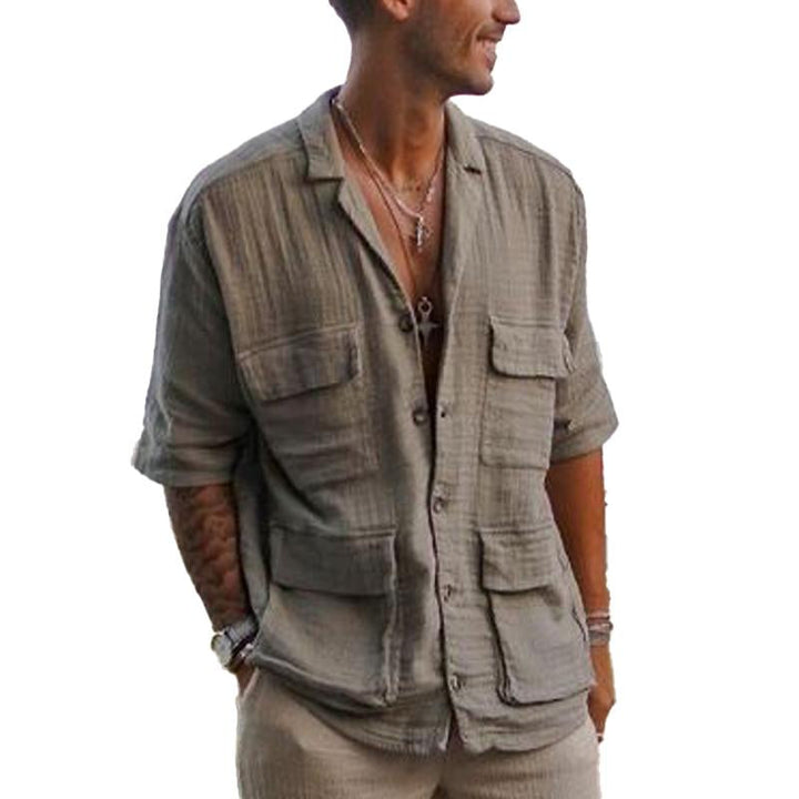 Men's Vintage Solid Color Cotton And Linen Lapel Multi-Pocket Short-Sleeved Shirt 15641537Y