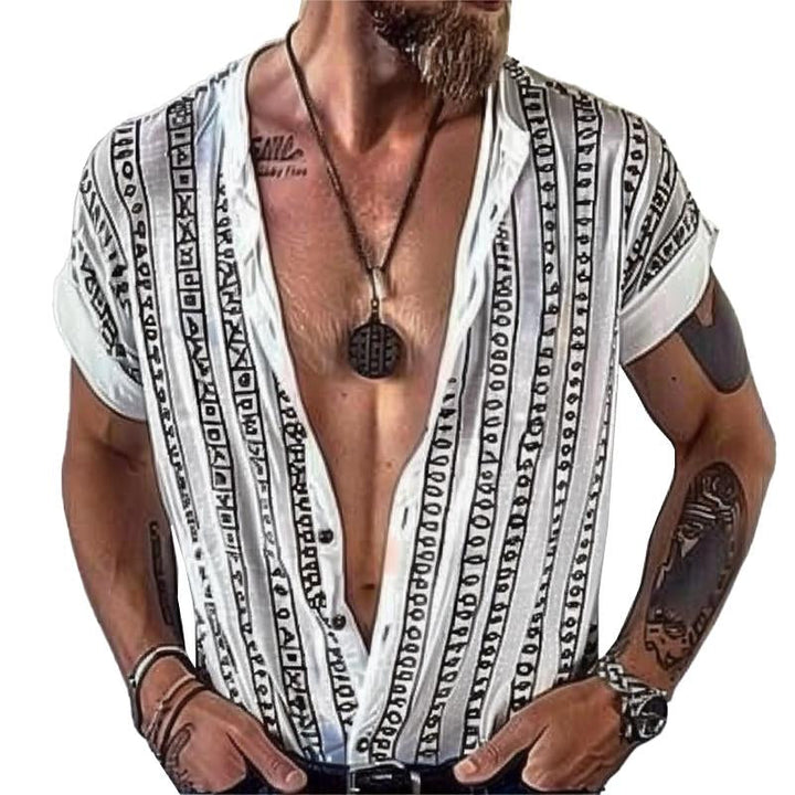 Men's Casual Round Neck Geometric Print Single Breasted Short Sleeve Shirt 67934778M