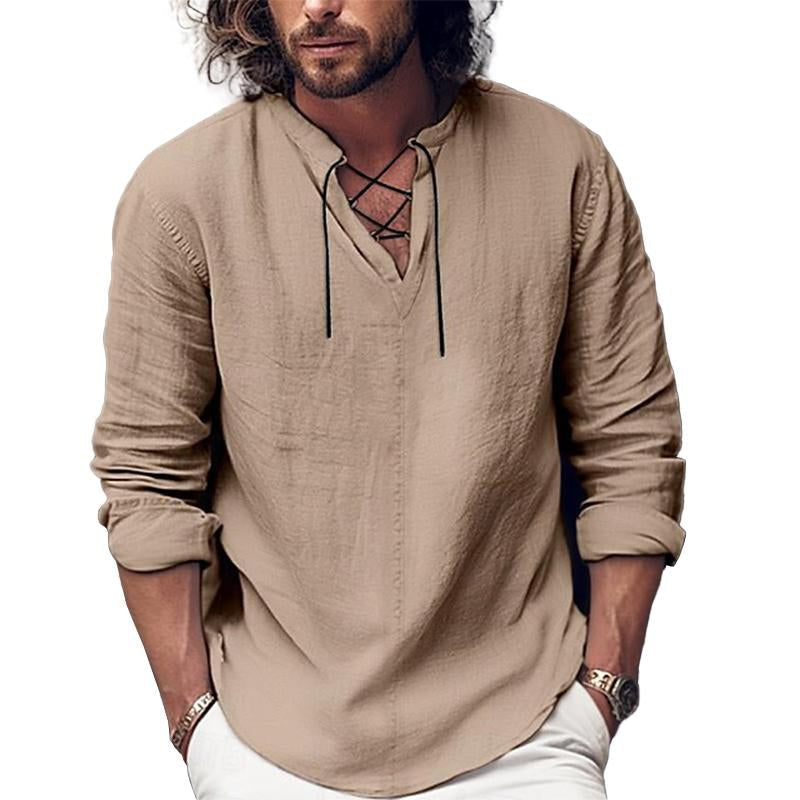 Men's Casual Cotton Linen Lace-Up V-Neck Long-Sleeved Shirt 73276093M