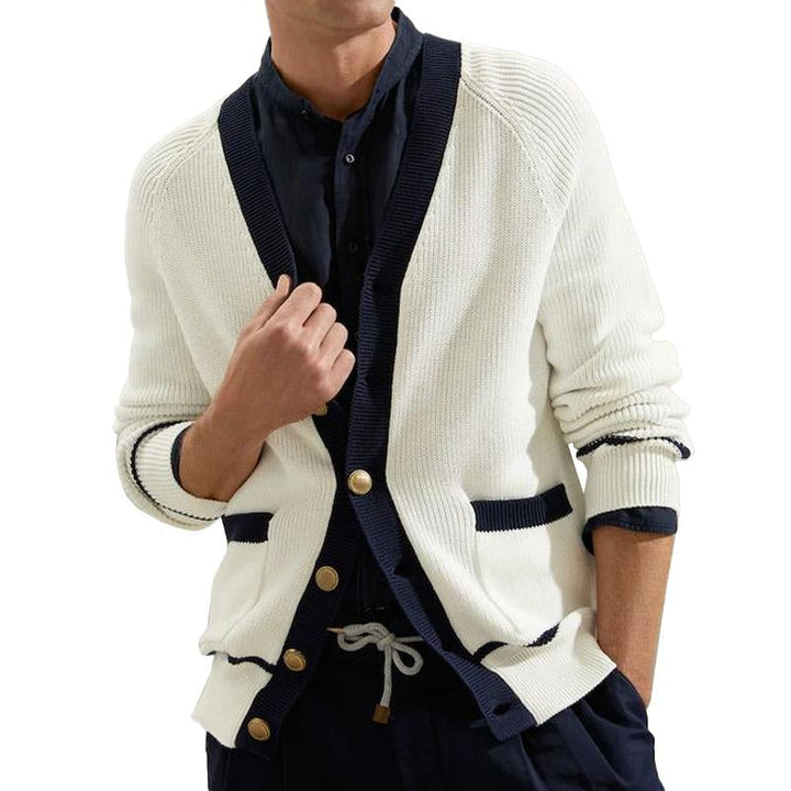 Men's Casual V-Neck Contrasting Single-Breasted Knitted Cardigan 91806450M