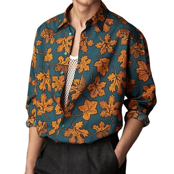 Men's Retro Contrast Maple Leaf Print Lapel Long Sleeve Shirt 98081892M