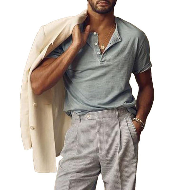 Men's Vintage Solid Henley Collar Short Sleeve T-Shirt 84274838Y