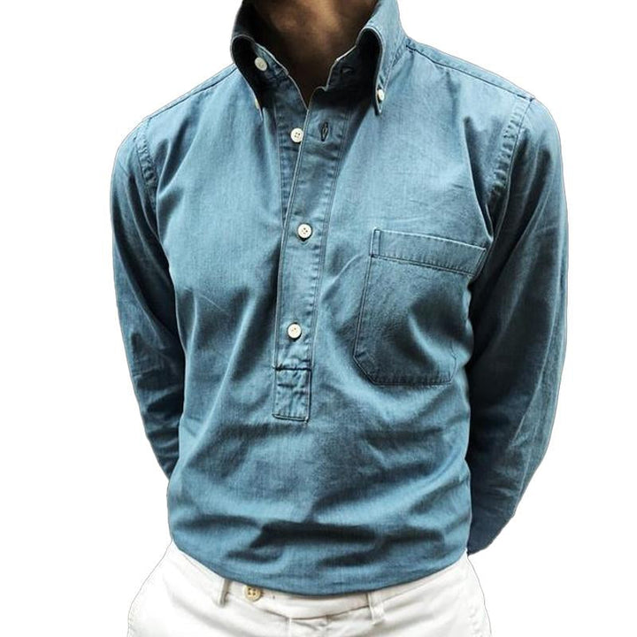 Men's Vintage Lapel Patch Pocket Button Pullover Long Sleeve Denim Shirt 72817640M