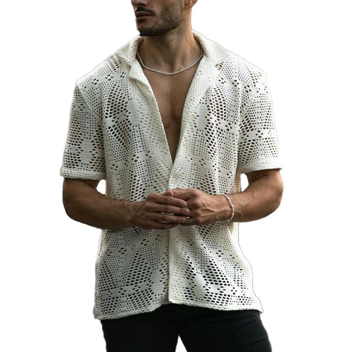 Men's Vintage Hollow Solid Color Lapel Short-Sleeved Shirt 28347785Y