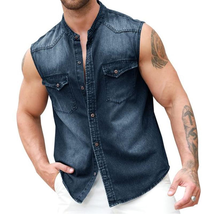 Men's Vintage Washed Denim Stand Collar Flap Pockets Sleeveless Shirt 09207409M