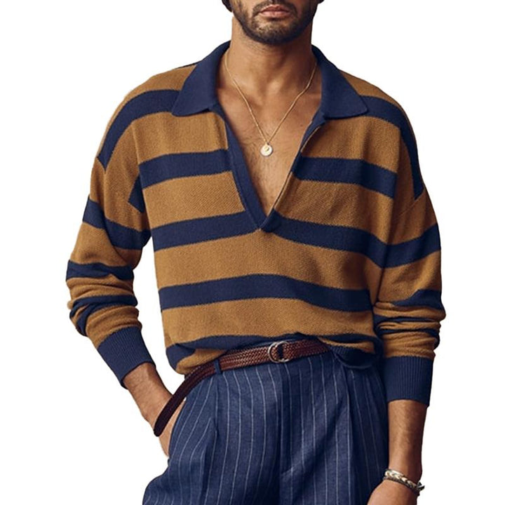 Men's Vintage Striped Color Block V-Neck Lapel Thin Sweater 07823086Y