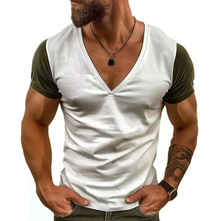 Men's Casual V-Neck Contrast Patchwork Short-Sleeved T-Shirt 44124881M