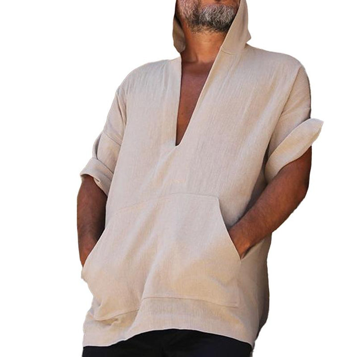 Men's Casual Solid Color Kangaroo Pocket V-Neck Short Sleeve Shirt 97310186Y