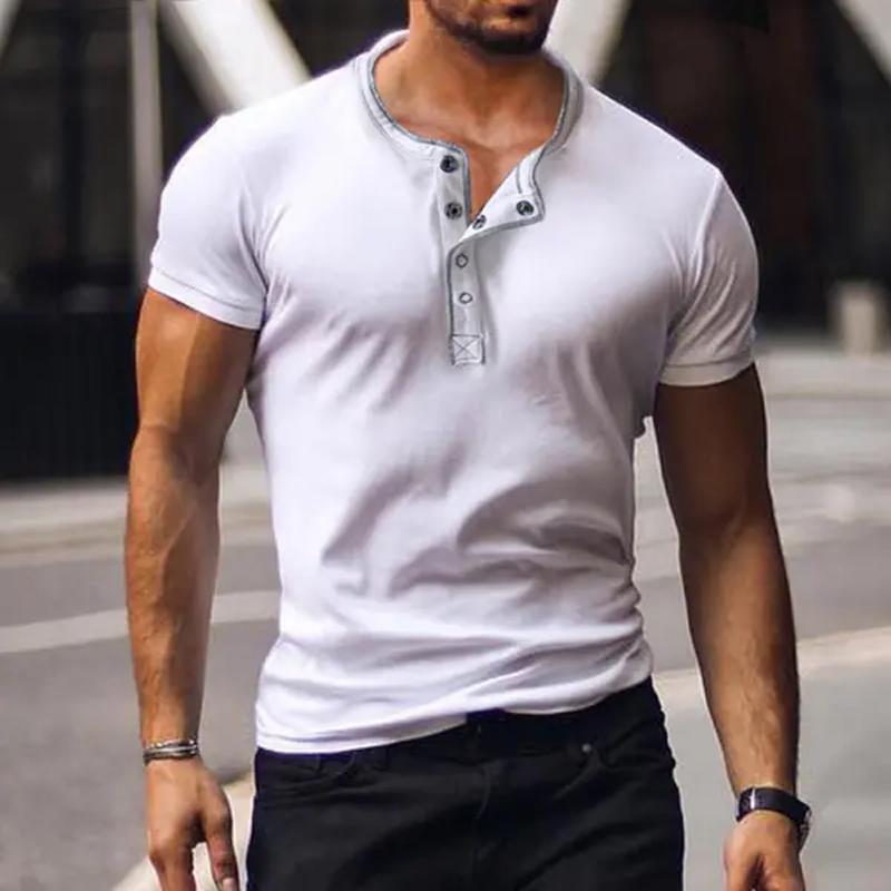 Men's Casual Solid Button Henry Neck Short Sleeved T-Shirt 31019494Y