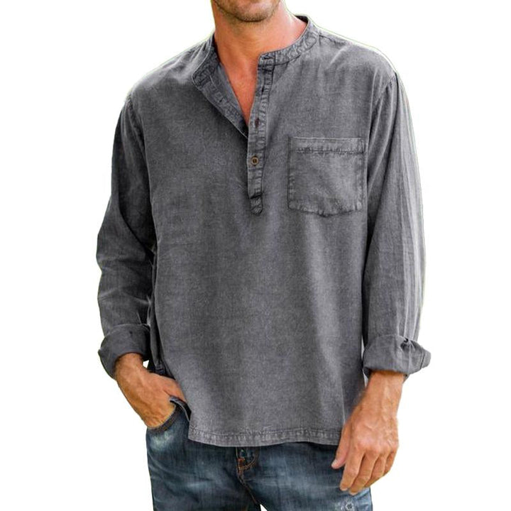 Men's Casual Stand Collar Cotton Blend Long Sleeve Shirt 27399474M