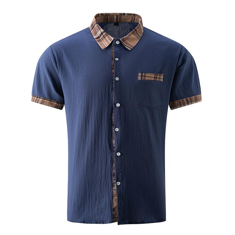 Men's Cotton and Linen Patchwork Lapel Short-sleeved Shirt 26150523X