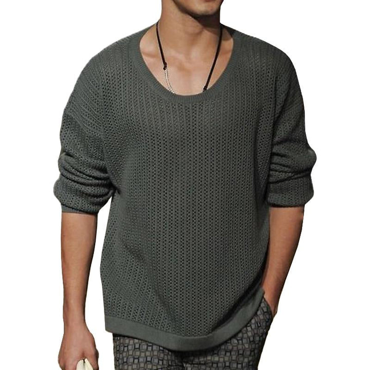 Men's Casual Round Neck Solid Color Hollow Knitted Pullover Sweater 78067099M