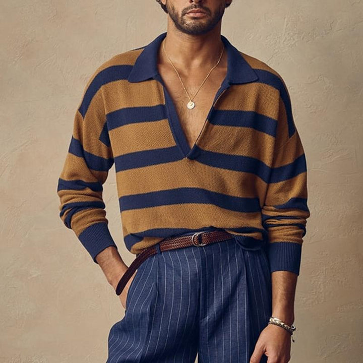 Men's Vintage Striped Color Block V-Neck Lapel Thin Sweater 07823086Y