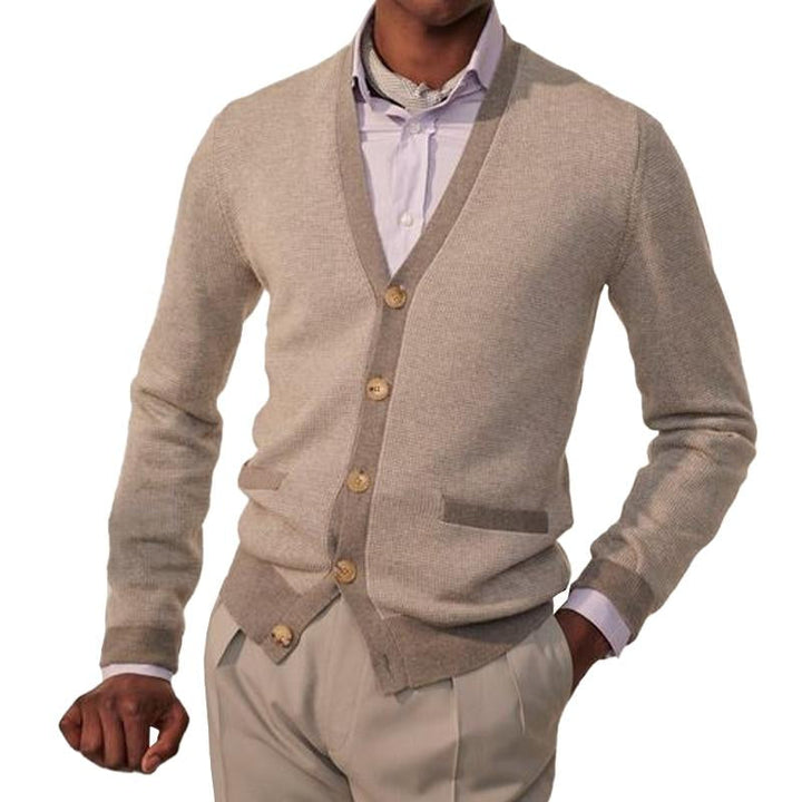 Men's Casual V-Neck Contrasting Single-Breasted Knitted Cardigan 20643294M